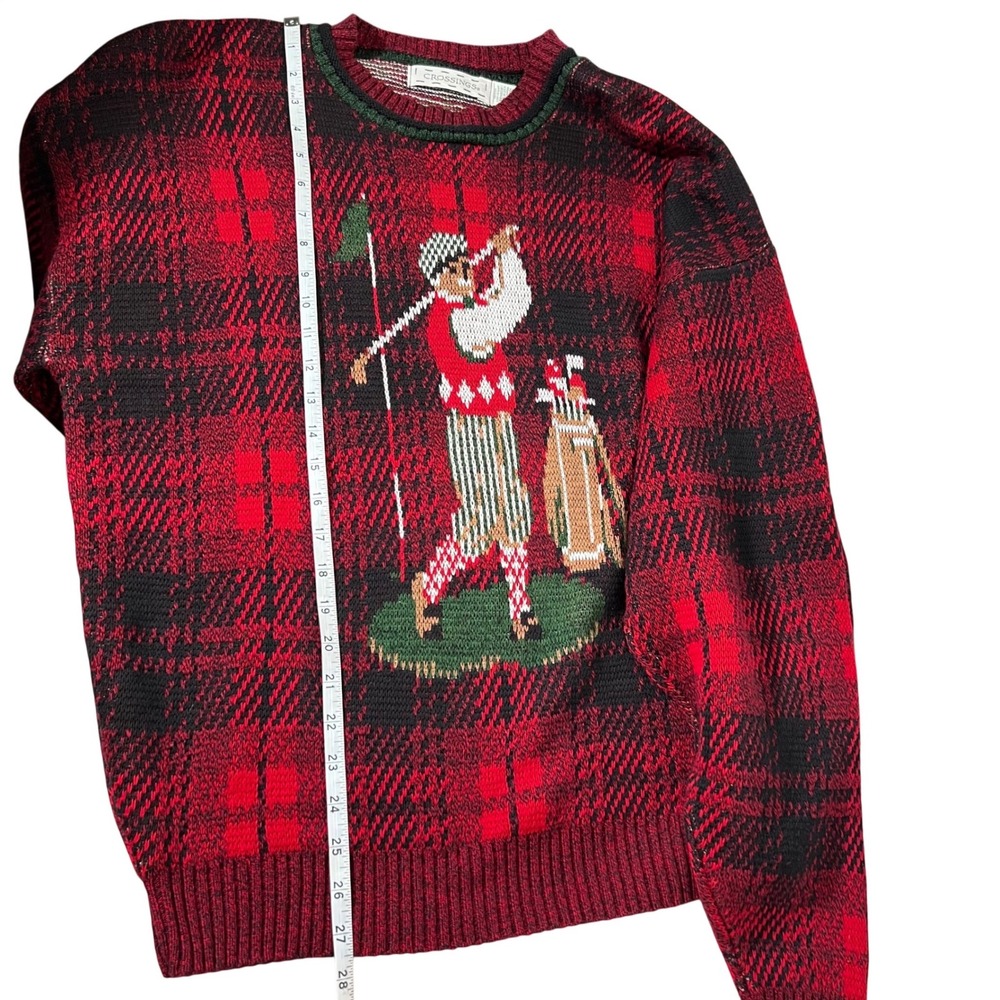 Crossings Christmas Men's Plaid Golf Fair‎ SweaterXLRed Black Green Knit Crew - Picture 5 of 9